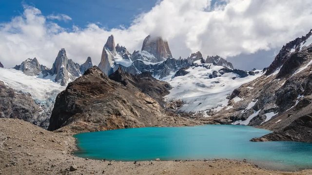 Time lapse view of Mount Fitz Roy and Laguna de los Tres in El Chalten, Patagonia Argentina, South America.  