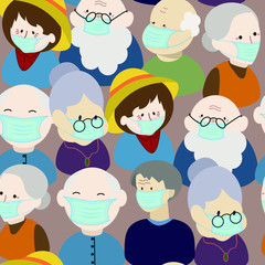 Seamless pattern with grandparents with medical masks.