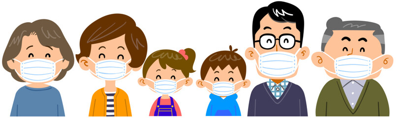 マスクをつけて笑顔の三世代の家族