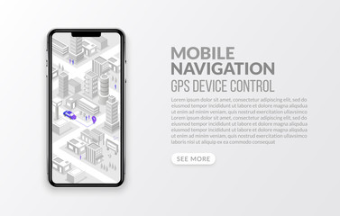 Mobile gps navigation and tracking with isometric map and marker, global positioning system concept