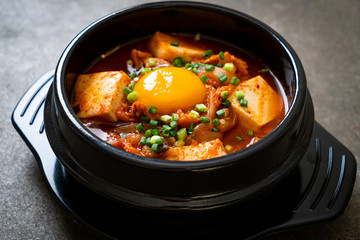 ‘Kimchi Jjigae’ or Kimchi Soup with Tofu and Egg or Korean Kimchi Stew