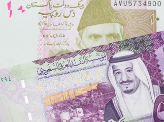 A pink and grey ten Pakistani rupee bank note with a five Saudi riyal bank note in macro
