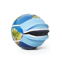 Earth Globe in a medical mask with flag of Botswana Botswanan isolated on white background. Global epidemic of Chinese coronavirus concept.
