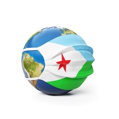 Earth Globe in a medical mask with flag of Djibouti Djiboutian isolated on white background. Global epidemic of Chinese coronavirus concept.