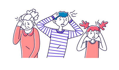 Sad desperate people suffering from migraine. Tired men and woman feeling pain, holding head. Vector illustration for depression, stress, health problem, headache concept
