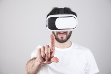 Man wearing virtual reality goggles.