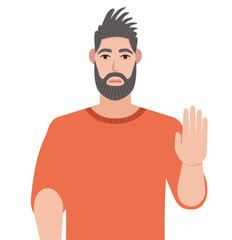 Serious determined bearded man shows stop gesture with his hand. Vector illustration in cartoon style.