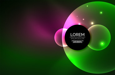 Neon shiny transparent glowing circles with light effects. Techno futuristic vector abstract background For Wallpaper, Banner, Background, Card, Book Illustration, landing page
