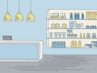 Pharmacy interior graphic store shop color sketch illustration vector