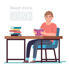 Man in library. Young man reading book in public library interior with bookshelves, desks and chairs, flat bibliophile design vector concept