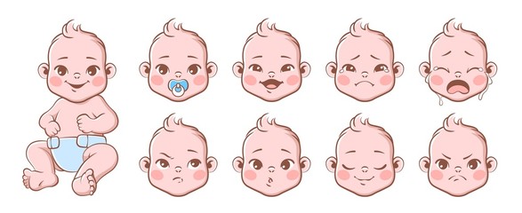 Baby emotions. Cute children emotions laughing and crying, smiling and angry. Baby, newborn portrait face emoji, vector characters set