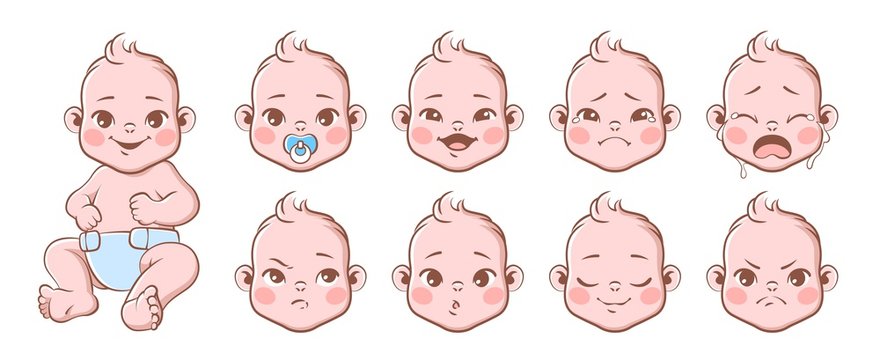 Baby emotions. Cute children emotions laughing and crying, smiling and angry. Baby, newborn portrait face emoji, vector characters set