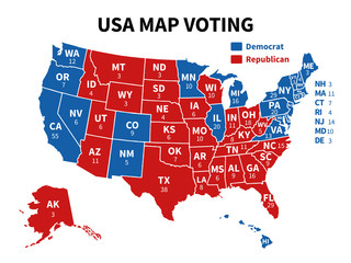 Usa map voting. Presidential election map each state american electoral votes showing republicans or democrats political vector infographic - obrazy, fototapety, plakaty