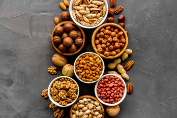Set of macadamia, hazelnut, walnut, almond, pistachio, pecans nuts on grey background top-down pattern copy space
