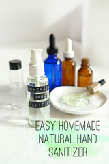 Easy homemade natural hand  sanitizer. bottle of homemade disinfecting gel, prevention through antibacterial hygiene. 