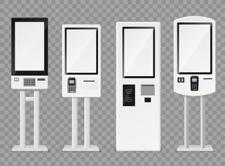 Self-ordering kiosk. Floor standing and wall interactive kiosks, terminal self payment for fast food retailers chains vector mockups