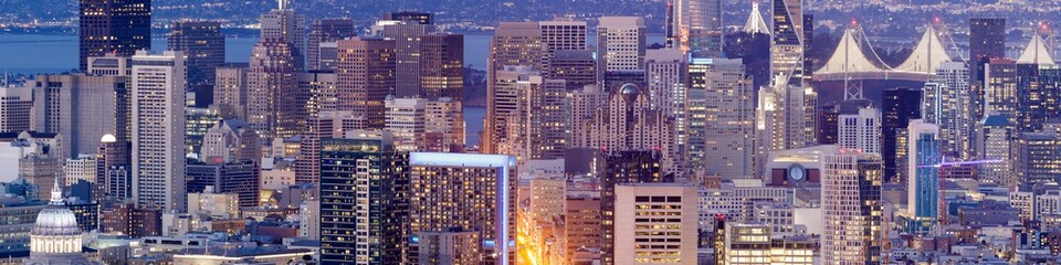 San Francisco Downtown Panorama. Crowded Skyline from Twin Peaks on a Clear Evening.