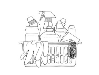 Graphic sketch cleaning.. Basket, gloves, sponges, household chemicals.