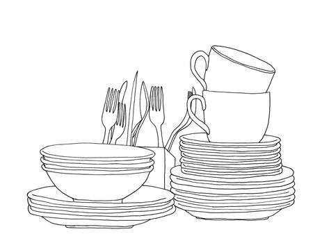 Graphic sketch clean dishes. Piles of plates, forks, spoons and knives.