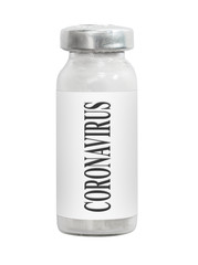 Glass vial for injection. Medication labeled coronavirus. Isolated on a white.
