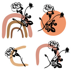 Monochrome minimalist tribal pattern with ethnic sun, arc and pink flower.