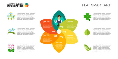 Petal chart with five elements. Metaphor, diagram, layout. Creative concept for infographics, presentation, project, report. Can be used for topics like education, plants, science