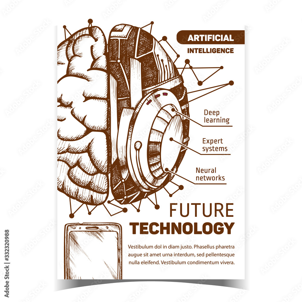 Poster Future Technology Creative Advertise Banner Vector. Innovation Machine Robotic Brain And Smartphone High Technology Devices. Ai Anatomy Neurology Hand Drawn In Vintage Style Monochrome Illustration