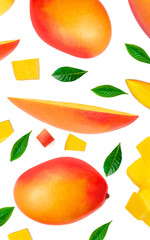 Mango isolated on the white background. Pile of fresh tropical mangoes top view