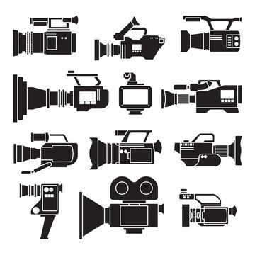 Video camera black vector illustration on white background .Video camera set icon. Vector illustration camcorder for photo and film.