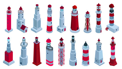 Sea lighthouse vector isometric set icon. Isolated isometric set icon beacon. Vector illustration sea lighthouse on white background.