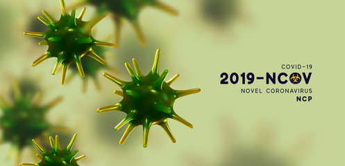 Novel Coronavirus (2019-nCoV). Virus Covid 19-NCP. Coronavirus nCoV denoted is single-stranded RNA virus. Background with realistic 3d green viruses cells. Viral bacteria. vector illustration.