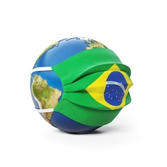 Earth Globe in a medical mask with flag of Brazil Brazilian isolated on white background. Global epidemic of Chinese coronavirus concept.