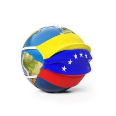 Earth Globe in a medical mask with flag of Venezuela Venezuelan isolated on white background. Global epidemic of Chinese coronavirus concept.