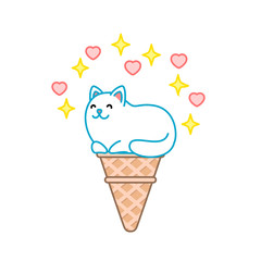 Cute cat ice-cream. Illustration of a sparkling ice-cream looks like a white cat sitting in a waffle cone. Isolated objects. Vector 8 EPS.