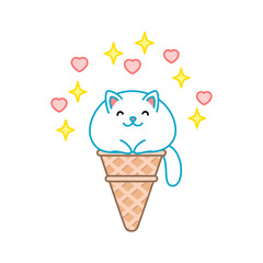 Cute cat ice-cream. Illustration of a sparkling ice-cream looks like a fat white cat sitting in a waffle cone. Isolated objects. Vector 8 EPS.