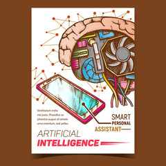 Artificial Intelligence Ai Promotion Banner Vector. Ai Cybernetic Brain And Phone Smart Personal Assistant Device. Motherboard, Cooler And Computer Details Designed In Retro Style Illustration