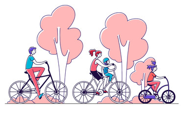 Family couple with two kids riding bikes outdoors. Parents and children cycling in summer park. Vector illustration for togetherness, active lifestyle, recreation concept