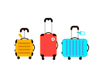 Three Travel Suitcases. Time to travel. Trip to World. Vacation. Holidays. Travel banner. Yellow, red and blue bags. Modern flat design