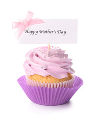 Tasty cupcake for Mother's Day on white background