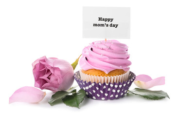 Tasty cupcake for Mother's Day on white background