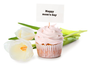 Tasty cupcake for Mother's Day on white background