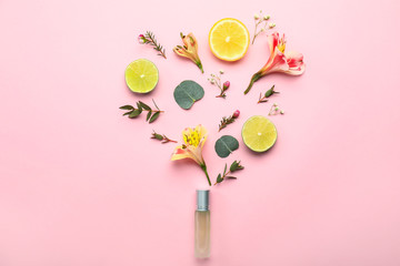 Beautiful composition with perfume bottle on color background
