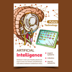 Artificial Intelligence Advertising Poster Vector. High Technology Robotic Intelligence Brain And Electronic Tablet. Mind Cyberbrain Hand Drawn In Vintage Style Colorful Illustration