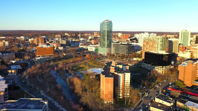 Drone Pan Right Shot of the Stamford, CT City Skyline