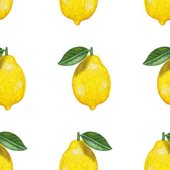 seamless whole lemon pattern with leaf isolated on a white background. Hand-drawn raster illustration with gouache paints in a realistic style. Fruit Lemon Seamless Print