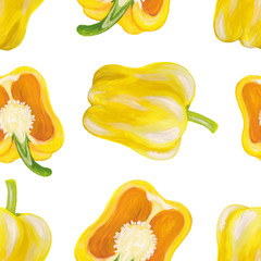 yellow bell pepper seamless pattern against white background. Hand-drawn square illustration with whole pepper and its half yellow in realistic style.