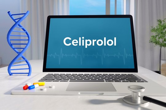 Celiprolol – Medicine/health. Computer in the office with term on the screen. Science/healthcare