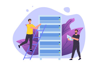 IT  Administrators server, systems configuration, network upkeeping, Data center  concept. Flat  vector  template illustration.