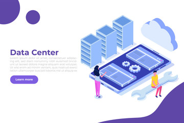 IT  Administrators server, systems configuration, network upkeeping, Data center  concept. Flat isometric vector illustration