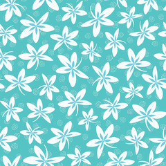 Floral pattern background. Seamless tossed repeat vector design of flowers in aqua and white.